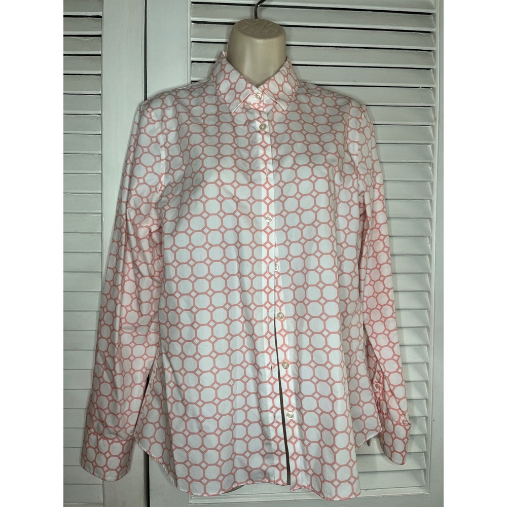 Lands End No Iron Supima Cotton Shirt Womens 8 Pink White Geometric Link Blouse